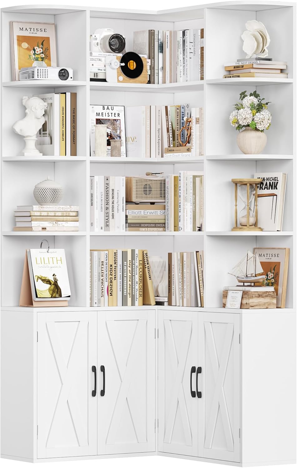 Librería FirFurd de 187 cm con puertas, estantería esquinera con 12 compartimentos, armario para libros en forma de L, vitrina de madera, armario alto, estante con puertas para salón, estudio, oficina, cocina, 187 x 80 x 80 cm, blanco