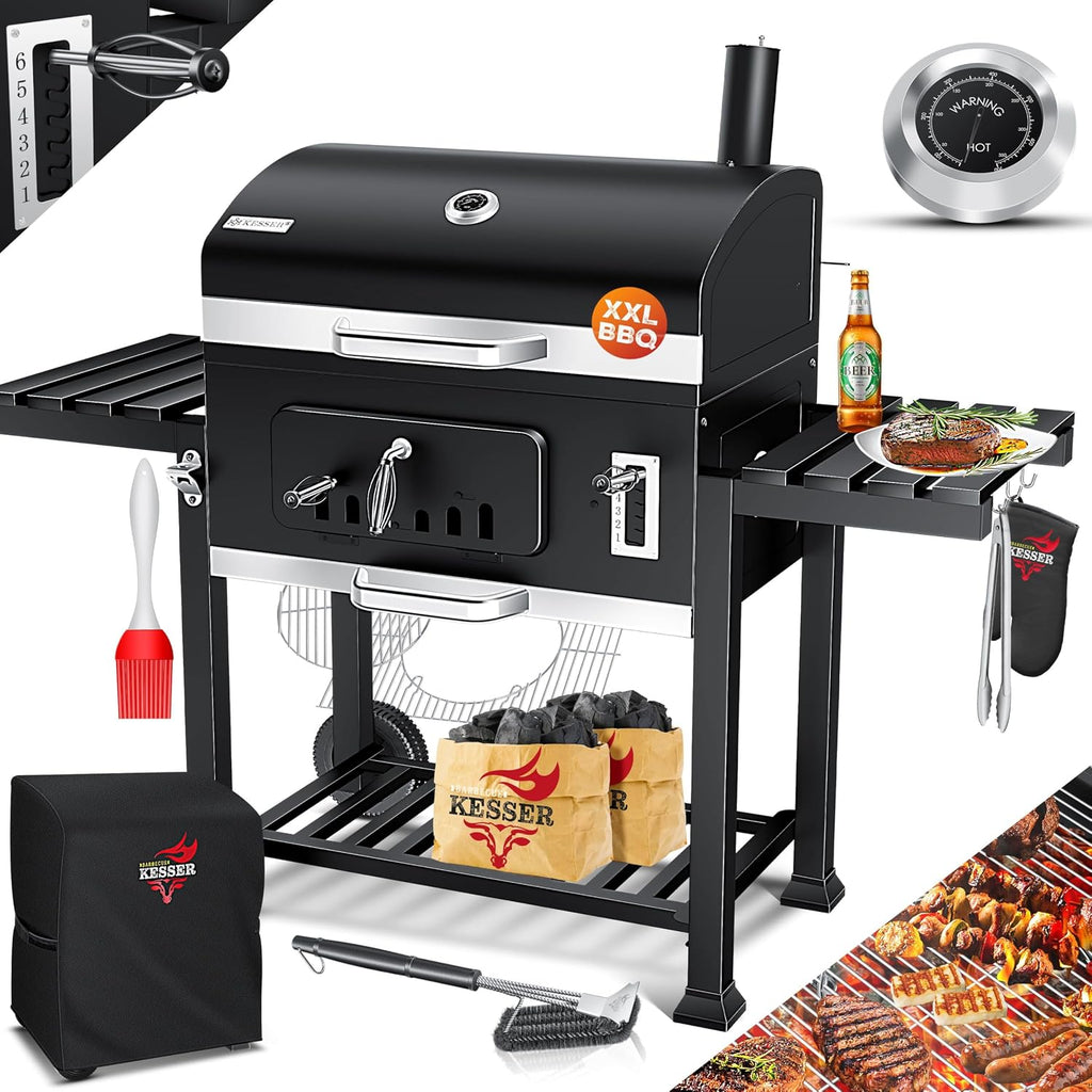 KESSER® Barbacoa de carbón XXL, carro de barbacoa con tapa y termómetro – gran carro de barbacoa de carbón, ahumador con chimenea y ventilación, con rejilla de cocción, rejilla de calentamiento y estante, incluye funda, cepillo y brocha