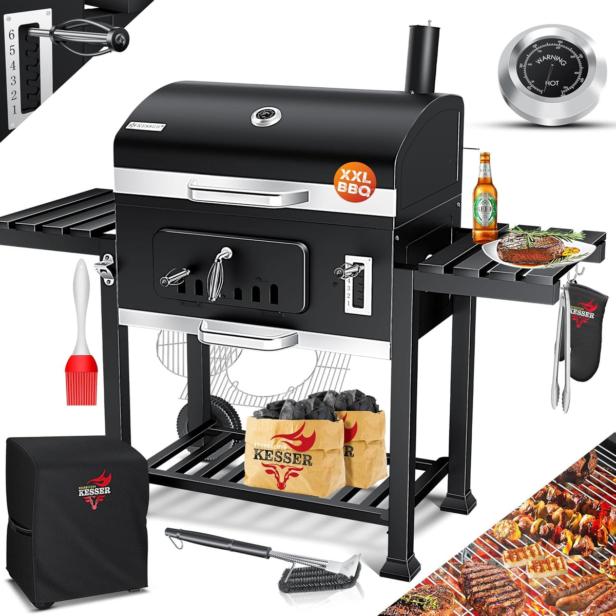 KESSER® Barbacoa de carbón XXL, carro de barbacoa con tapa y termómetro – gran carro de barbacoa de carbón, ahumador con chimenea y ventilación, con rejilla de cocción, rejilla de calentamiento y estante, incluye funda, cepillo y brocha