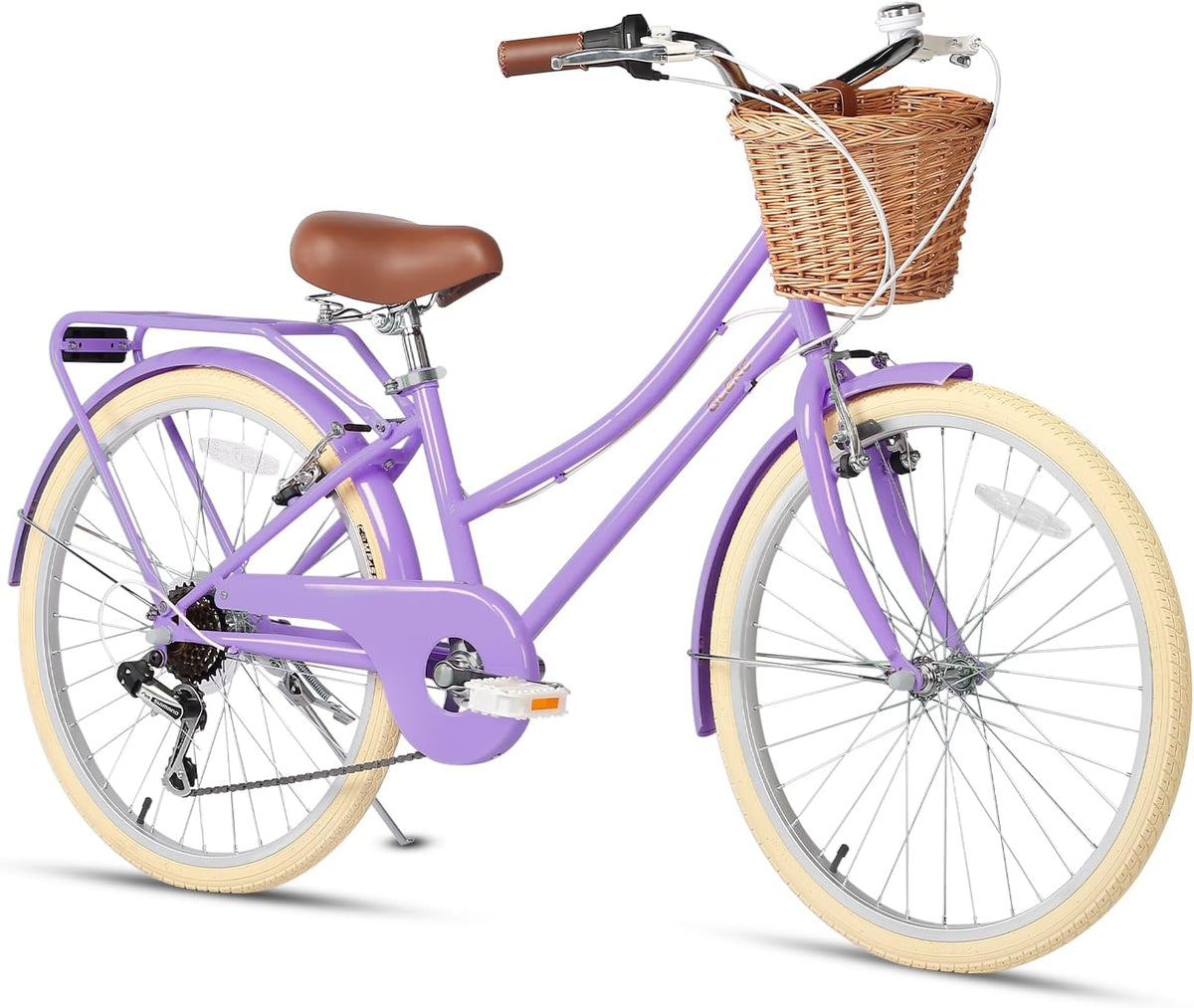 Glerc Missy 20, 24, 26 pulgadas bicicleta híbrida urbana tipo crucero para niñas, de 6 velocidades, con cesta de mimbre, para jóvenes mayores de 6 años, varios colores