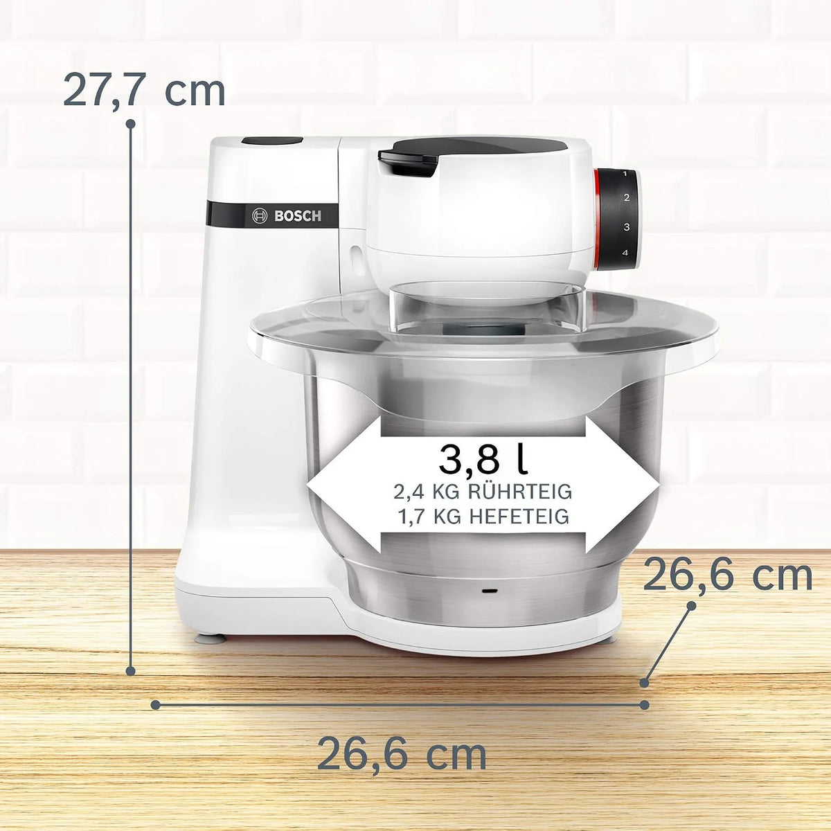 Bosch MUM2 wielofunkcyjny robot kuchenny, 700 W, maszynka do ubijania i wyrabiania ciast, mikser planetarny, hak do ciasta, duża misa ze stali nierdzewnej 3,8l z pokrywą, kolor biały, MUMS2EW00