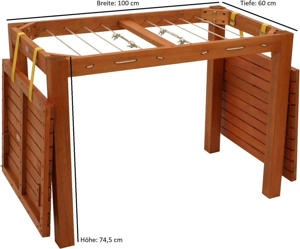 Mesa de jardín funcional DEGAMO con función de tendedero, 100x60x75cm, eucalipto aceitado marrón, con certificación FSC®, para exterior e interior