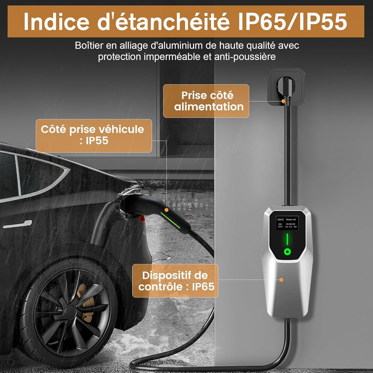 Cargador de vehículo eléctrico AWESAFE Tipo 2, cable de carga de 8 m, ajustable a 6/8/10/13/16 A, con pantalla digital, resistente al agua IP65 (IEC 62196-2 Tipo 2 hembra)
