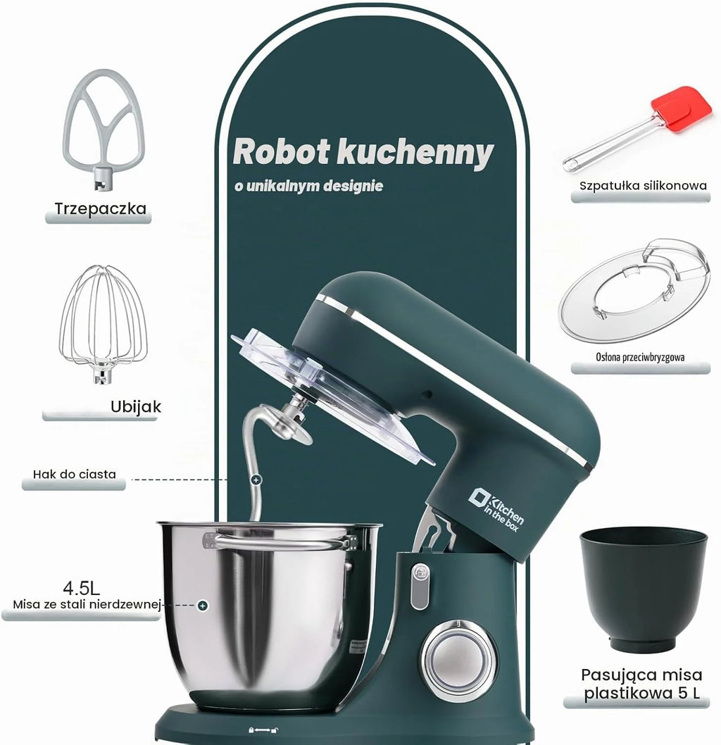 Kitchen in the Box Robot kuchenny, maszyna do ugniatania ciasta 4,5 l i 5 l, prędkość 10+P, z hakiem do zagniatania, mieszadłem i trzepaczką, 1300 W, ciemnozielony