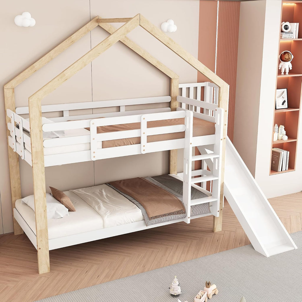 Litera Ball & Cast (90x200cm) con barandilla alta, estructura de madera con tobogán + escalera, estable y silenciosa, blanco + natural