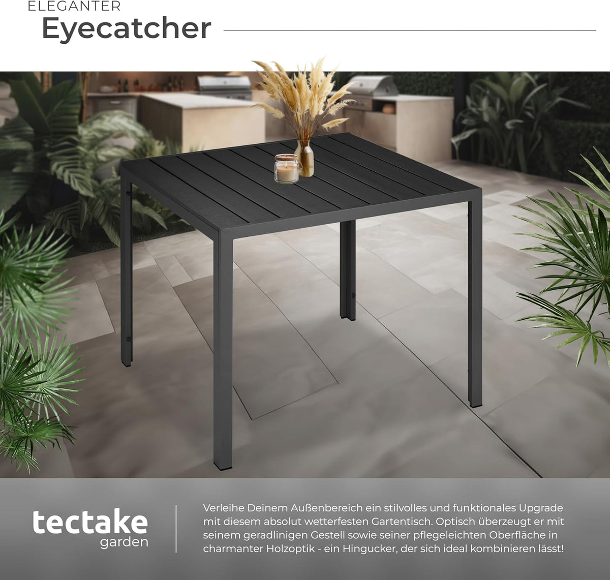 tectake® Mesa de jardín, mesa de comedor exterior, mesa de balcón con aspecto de madera, mesa de terraza con marco de aluminio, muebles de jardín resistentes a la intemperie, 90x90x74,5 cm, mesa para jardín, salón, conjunto de asientos - negro
