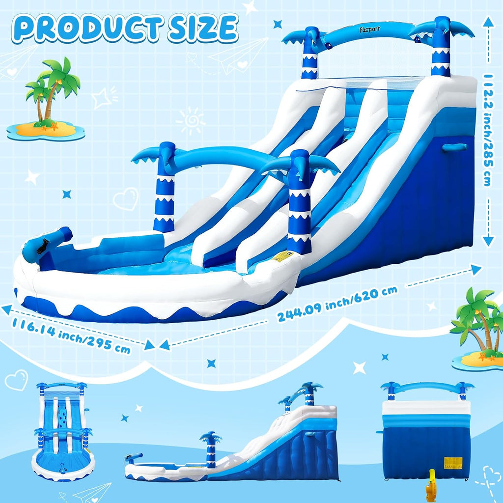 Castillo hinchable XXL con 2 toboganes de agua para uso comercial, adultos y niños, hinchable para interior y exterior con soplador, piscina, tobogán, canasta, sistema de aspersores y pared de escalada, 630x290x285 cm