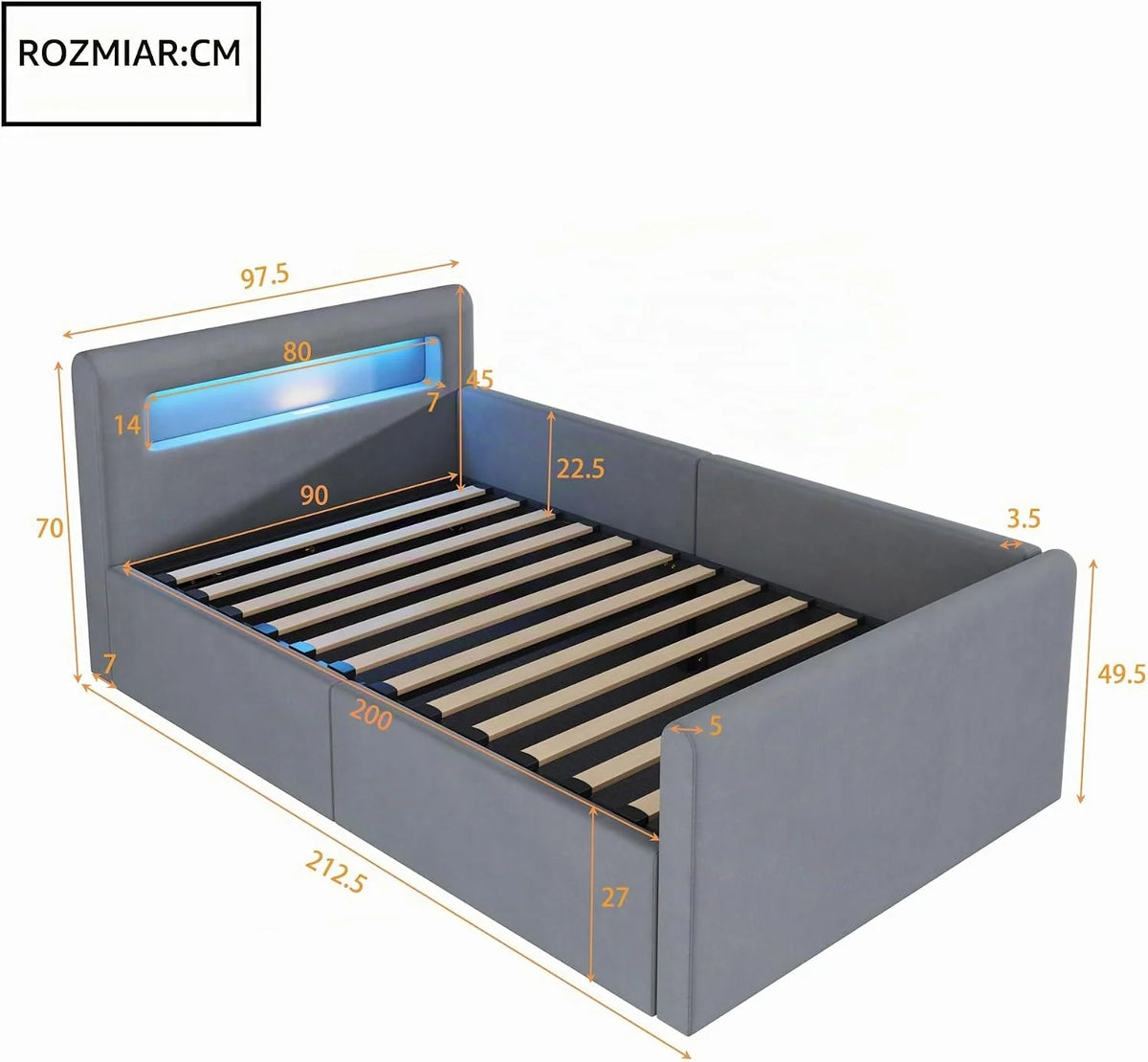 Dolamaní Nowoczesne łóżko młodzieżowe 90 x 200 cm, tapicerowane ze stelażem i schowkiem, zagłówek aksamitny, nocna lampka LED i ładowarka USB