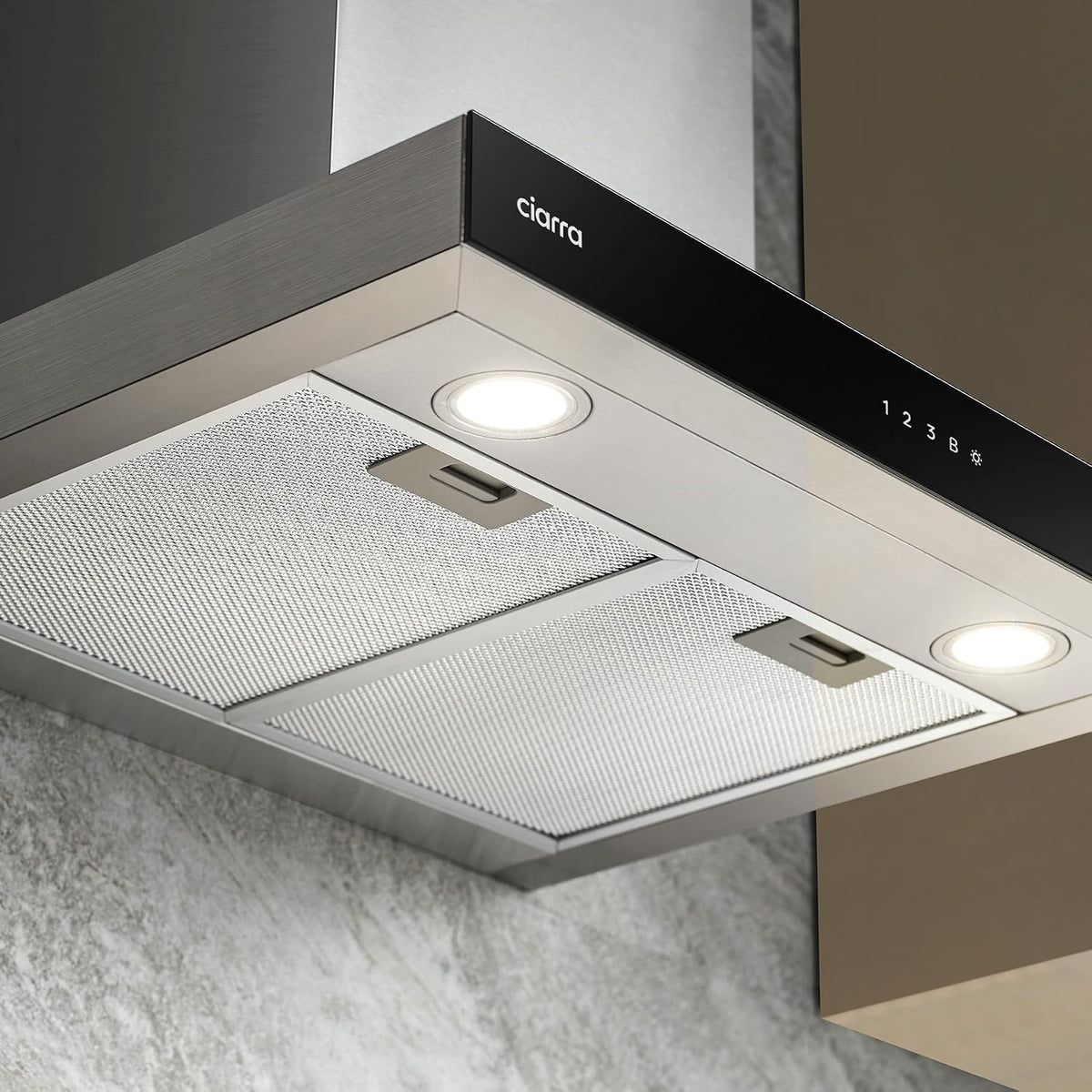 CIARRA CBCS6102 A+++ okap kuchenny 60 cm obieg powietrza wylotowego okap kuchenny 650 m³/h Wi-Fi App Touch obsługa 4 stopnie wraz z Booster czarny okap ścienny z filtrem węglowym CBCF003