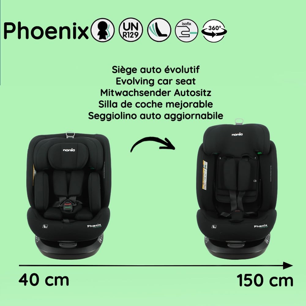 Nania - Silla de coche Phoenix giratoria 360° - I-Size 40-150 cm - Evolutiva desde el nacimiento hasta los 12 años aproximadamente - Grupo 0+/1/2/3 - Fijaciones Isofix - Protecciones laterales