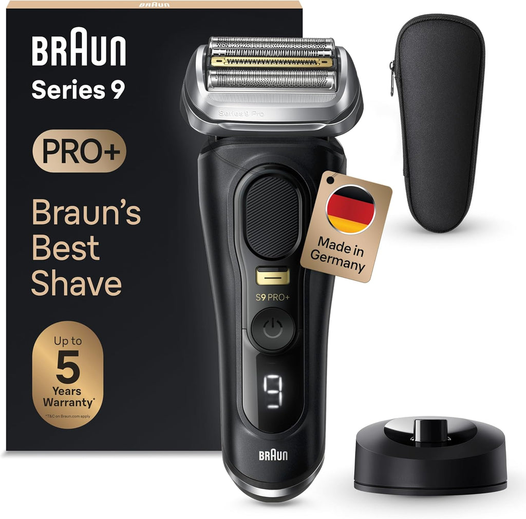Afeitadora eléctrica para hombre Braun Series 9 Pro+, afeitadora con 5 elementos de corte, recortadora ProTrimmer, base de carga, 60 min de batería, Wet&Dry, fabricada en Alemania, 9510s, negro