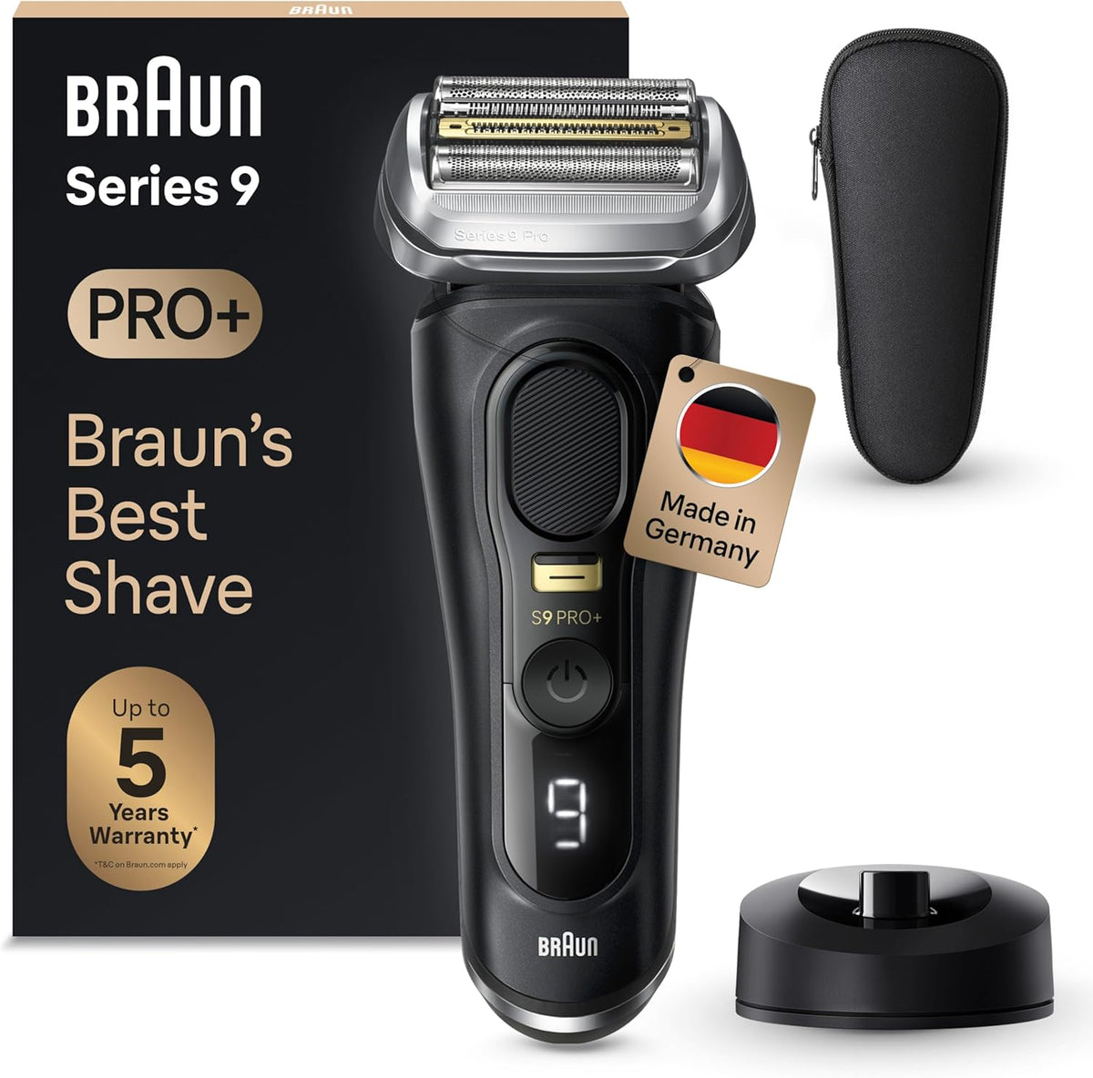 Afeitadora eléctrica para hombre Braun Series 9 Pro+, afeitadora con 5 elementos de corte, recortadora ProTrimmer, base de carga, 60 min de batería, Wet&Dry, fabricada en Alemania, 9510s, negro