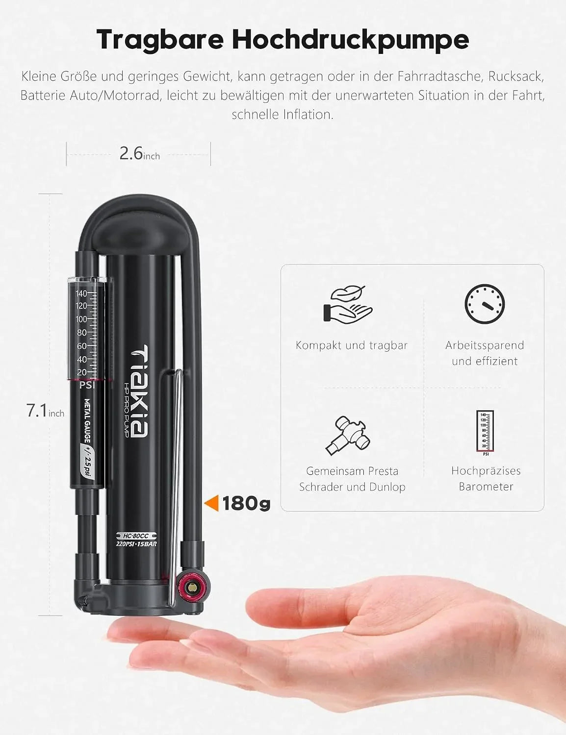Bomba de pie para bicicleta con manómetro 220 PSI, minibomba de aire de aluminio compatible con válvulas Schrader, Presta y Dunlop, portátil