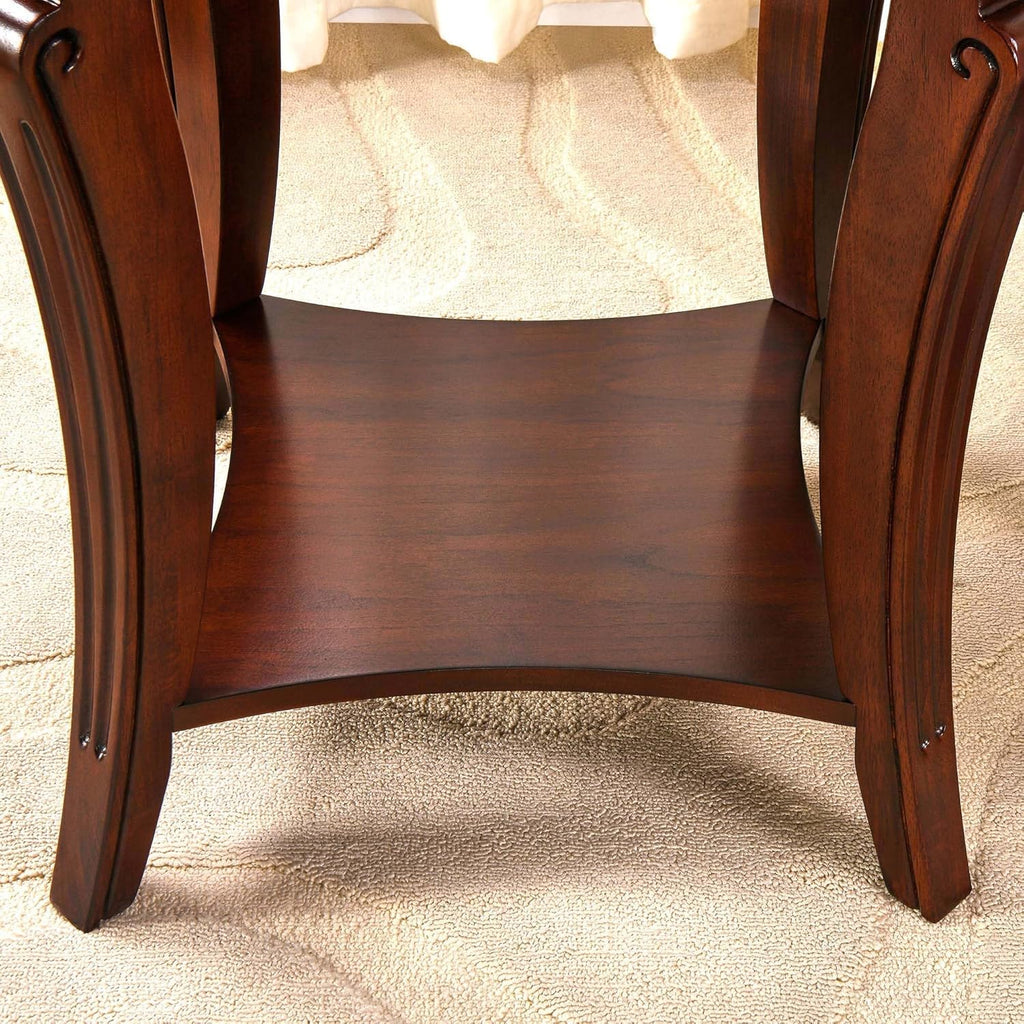 Mesa auxiliar cuadrada de alta gama con tablero de cristal templado, mesa auxiliar estilo granja con estante, mesa esquinera de salón con patas de madera tallada, 60.5 cm de altura, color cerezo CJZ-A1168-GT