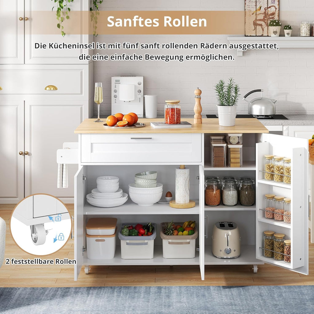 Mesa de cocina móvil, encimera plegable, veteado de roble, armario multifuncional, especiero, toallero, 5 ruedas, blanco, apto para cocina/comedor/hogar