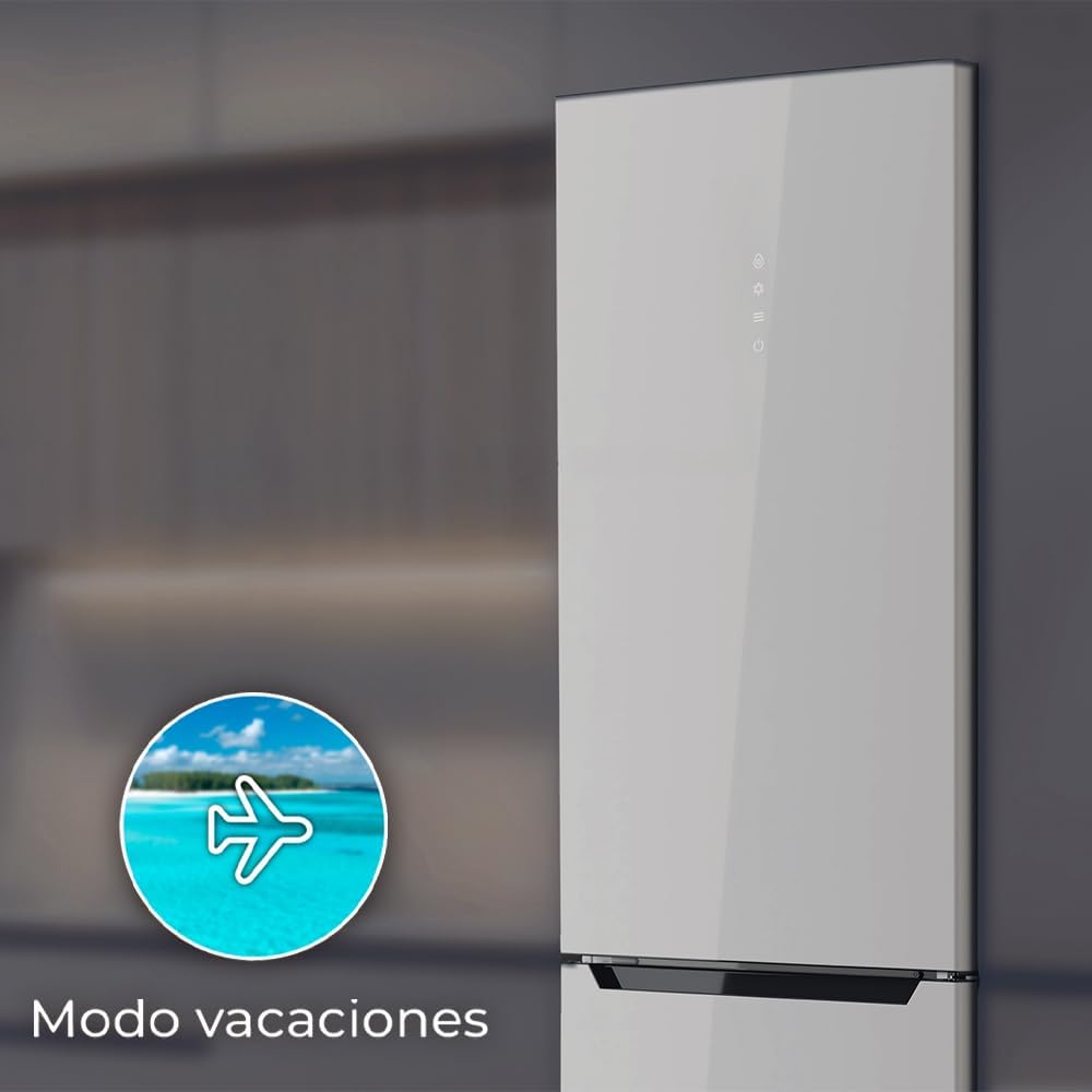 Frigorífico combi Cecotec Bolero CoolMarket Combi 356 White Glass E. 356L, Total No Frost, Multi Airflow, modo vacaciones, Humidity Box, puerta reversible, alarma de puerta.