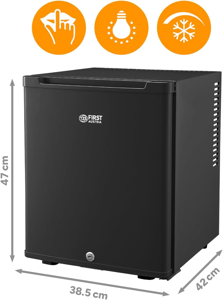 TZS First Austria - Mininevera de 30L completamente silenciosa - Pequeño minibar, puerta reversible e iluminación interior - Mininevera para camping, oficina, dormitorio y hotel - Negro mate
