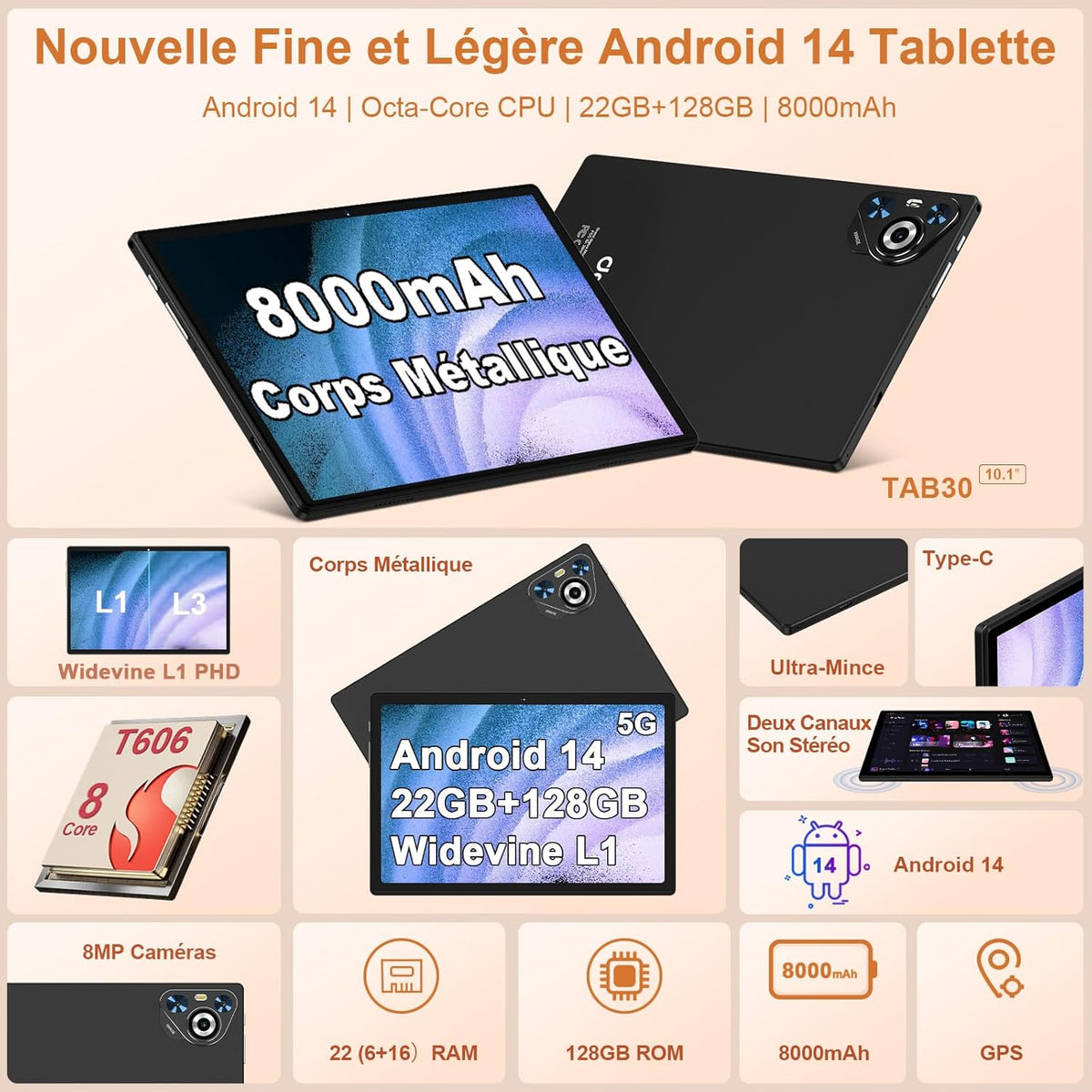 Tableta Android 2025, 22(6+16) GB RAM+128GB ROM/TF 2TB, 8 núcleos, 8000mAh, GPS, Face ID, Widevine L1, BT5.0, 8MP+5MP, WLAN 6, control parental, tableta con ratón-Negro