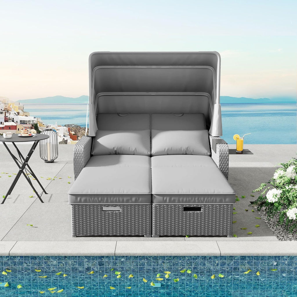 Sofá lounge de ratán sintético, sofá de jardín de dos plazas con función reclinable, tumbona de jardín con toldo extraíble, sofá lounge tipo cama de día con cojines, gris