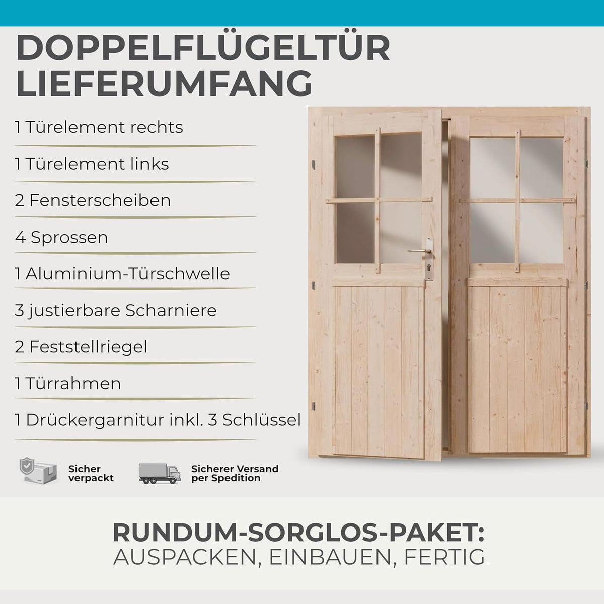 Puerta de madera para caseta de jardín, abeto nórdico, puerta de doble hoja, 141x177 cm | Cristal auténtico, incluye juego de manillas y umbral de aluminio, puerta de caseta de jardín para cobertizo, puerta exterior de madera para taller
