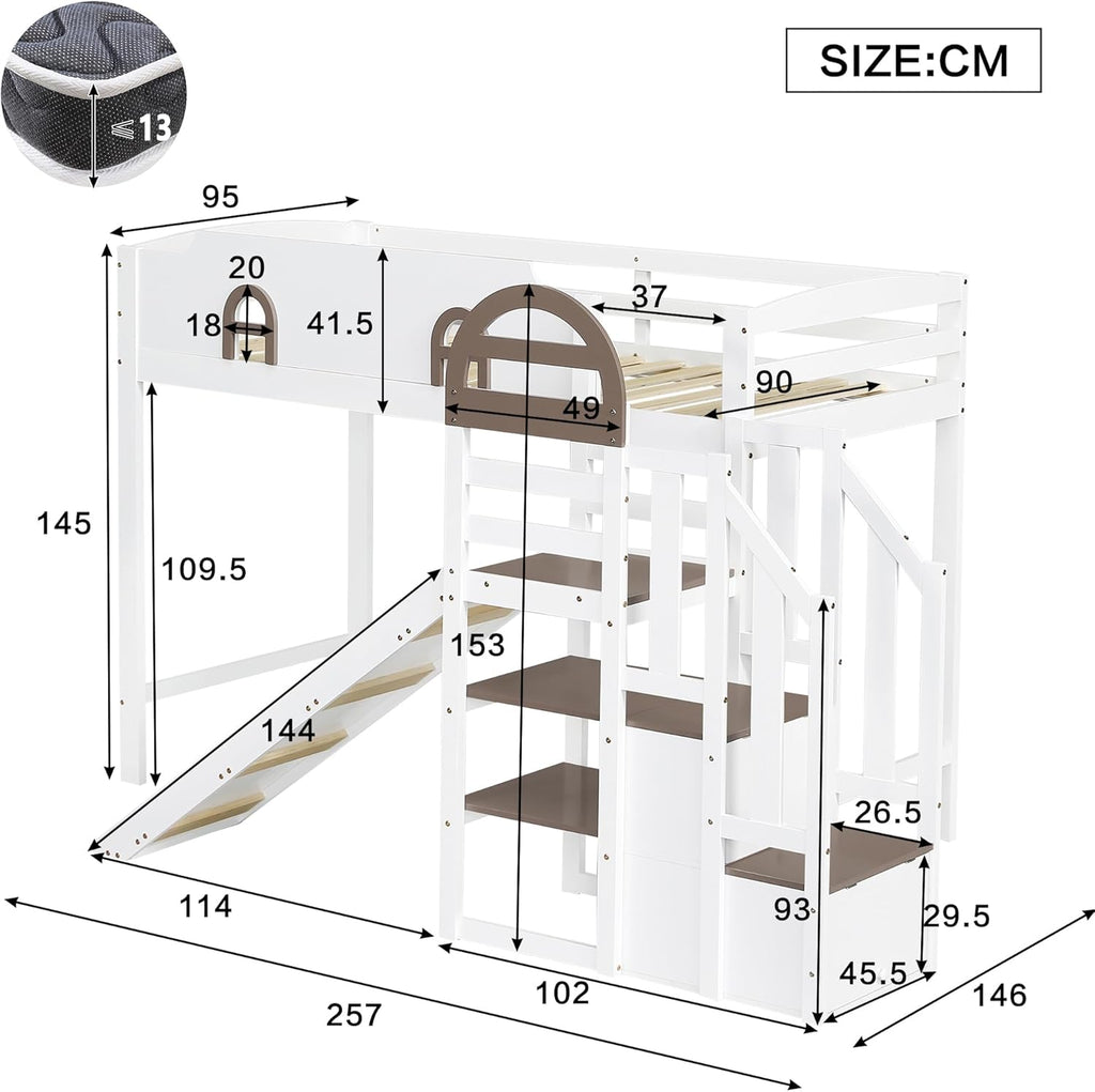 Kinderbett Etagenbett 90x200,Hausbett Hochbett mit Rutsche&Regal&Stauraum Treppe,Bettgestell mit Rausfallschutz&Lattenrost, Funktionsbett Stockbett Spielbett Jugendbett,Kiefernholz,Ohne Matratze,Weiß