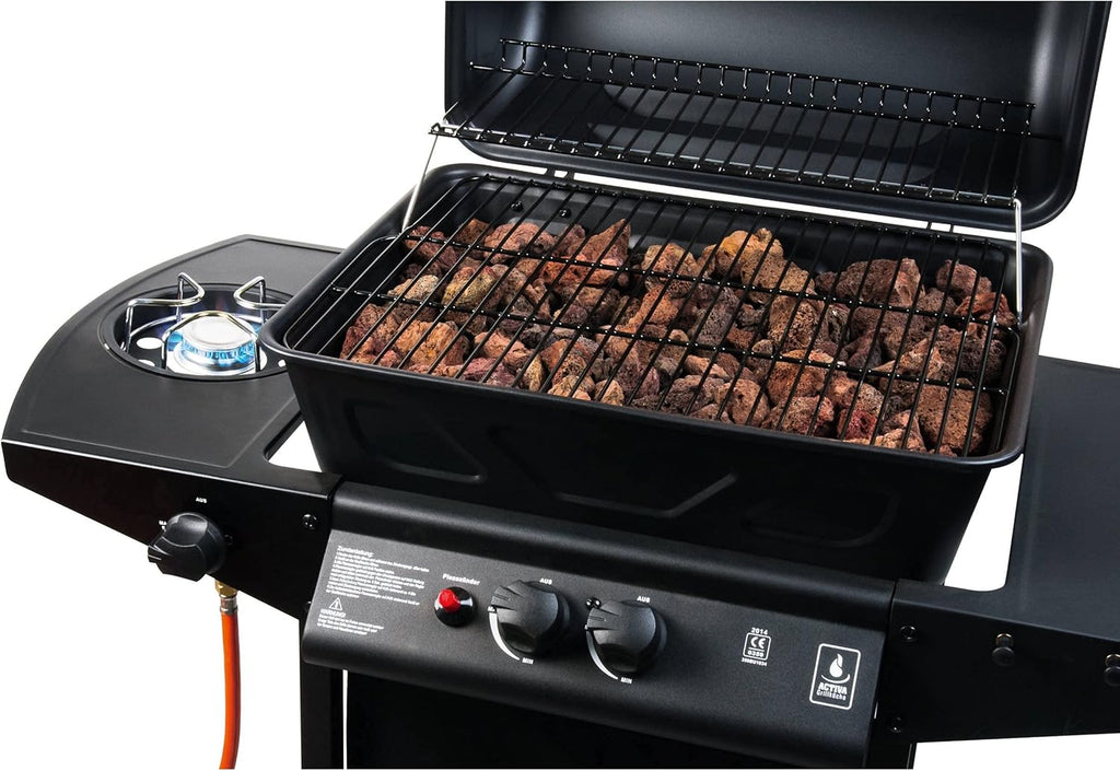 Barbacoa de gas ACTIVA Halifax Lavastein I Barbacoa de gas premium con piedras de lava y funda protectora I Quemador principal de 5,5 kW de regulación continua para una barbacoa perfecta