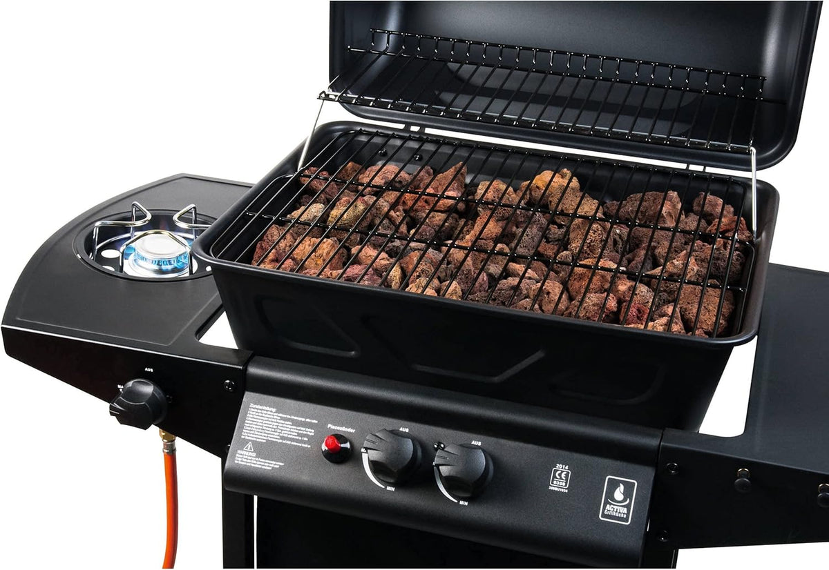 Barbacoa de gas ACTIVA Halifax Lavastein I Barbacoa de gas premium con piedras de lava y funda protectora I Quemador principal de 5,5 kW de regulación continua para una barbacoa perfecta