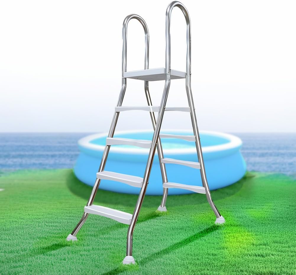 Escalera de piscina de acero inoxidable de 4 peldaños, escalera para piscina elevada, escalera de 132 cm de altura, peldaños de piscina para piscinas elevadas, escalera de piscina con capacidad de carga de 250 kg