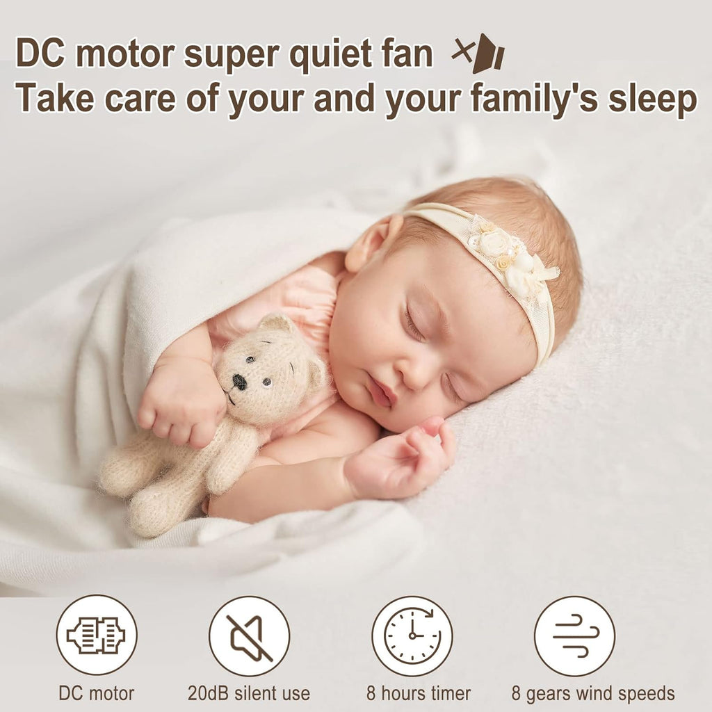 Ventilador MYCARBON muy silencioso, motor DC 20dB, caudal de aire 1850m³/h, 8 velocidades, modo ECO, ventilador de mesa, circulador de aire 3D para dormitorio de 30m², ventilador turbo, temporizador de 8h