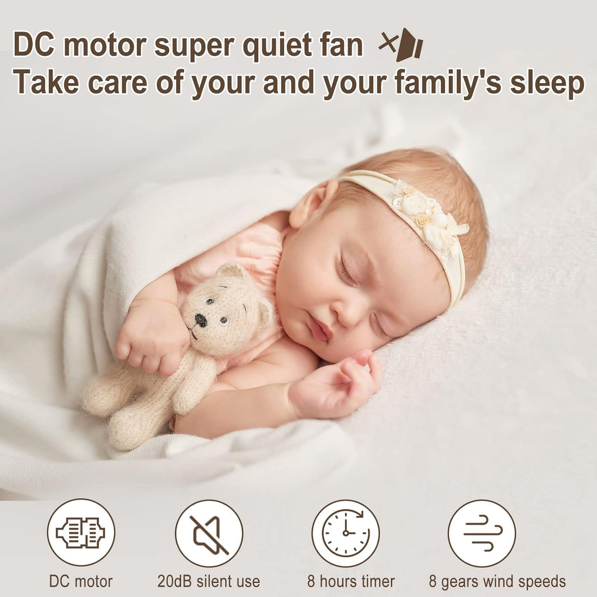 Ventilador MYCARBON muy silencioso, motor DC 20dB, caudal de aire 1850m³/h, 8 velocidades, modo ECO, ventilador de mesa, circulador de aire 3D para dormitorio de 30m², ventilador turbo, temporizador de 8h