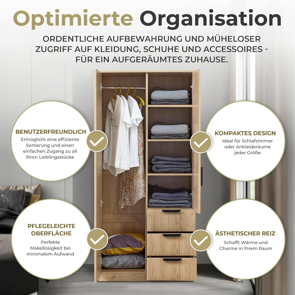 [en.casa] Armario Eiselfing armario con 2 puertas armario ropero 176 x 80 x 52 cm armario de dormitorio 1 barra para colgar 4 compartimentos 3 cajones aspecto roble