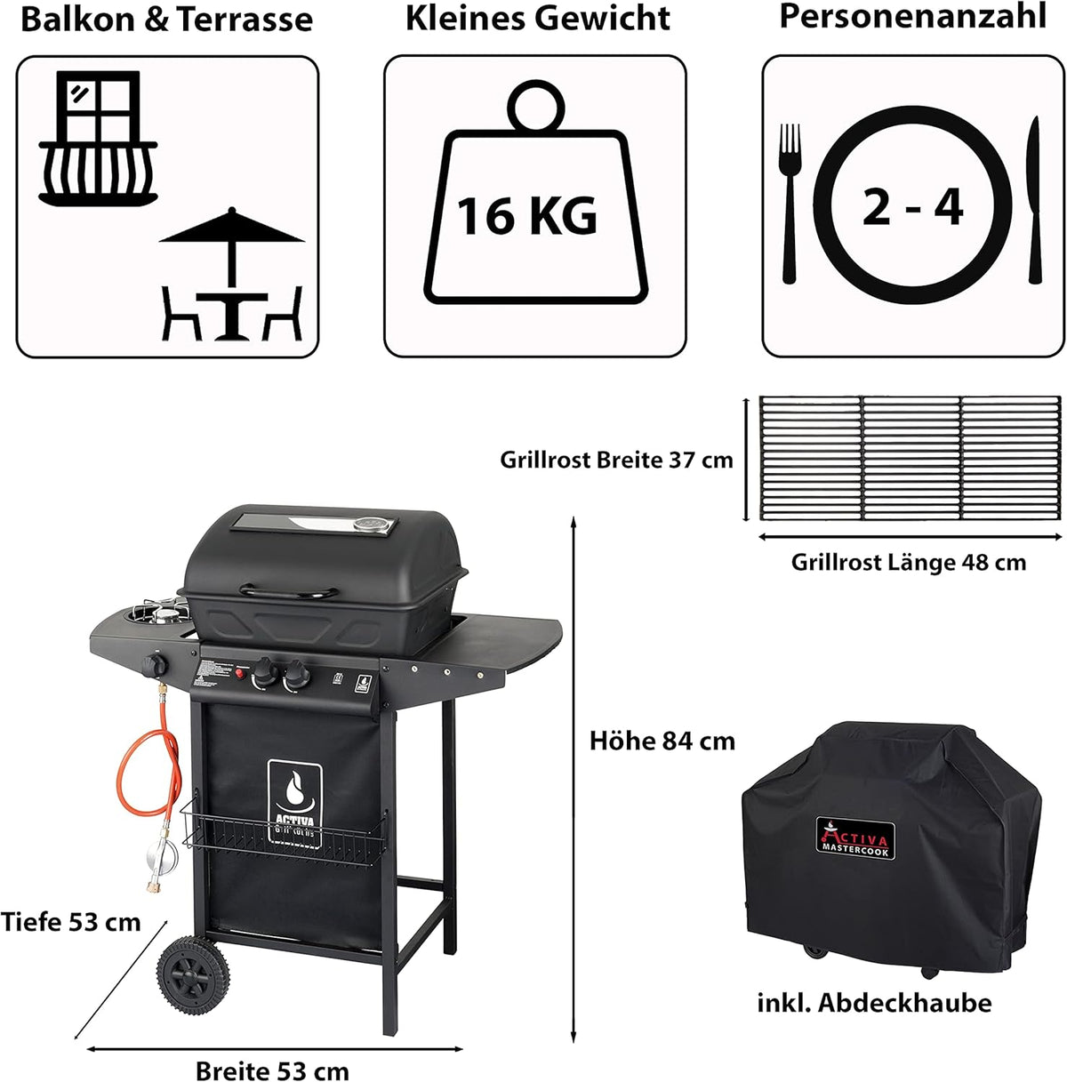 Barbacoa de gas ACTIVA Halifax Lavastein I Barbacoa de gas premium con piedras de lava y funda protectora I Quemador principal de 5,5 kW de regulación continua para una barbacoa perfecta