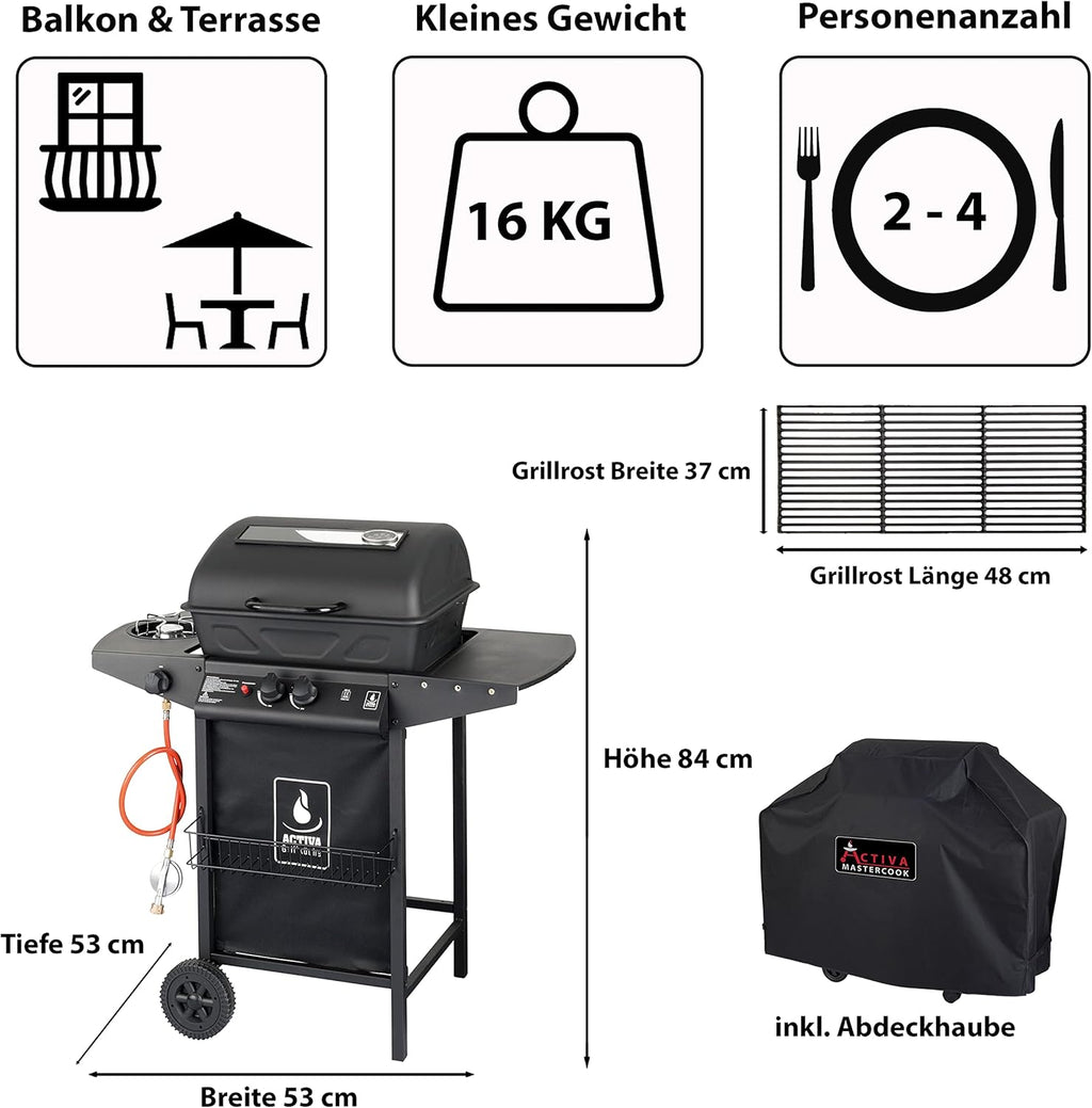 ACTIVA Halifax Lavastein - Parrilla de gas con piedras de lava y funda protectora | Quemador principal de 5,5 kW de regulación continua para una barbacoa perfecta