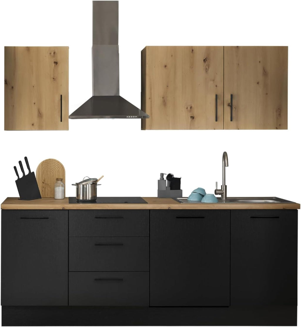 Stella Trading Turin ZB Cocina compacta 220 x 211 x 60 cm, negro - Sin electrodomésticos - Cocina moderna y espaciosa con aspecto de roble Artisan y gran capacidad de almacenamiento
