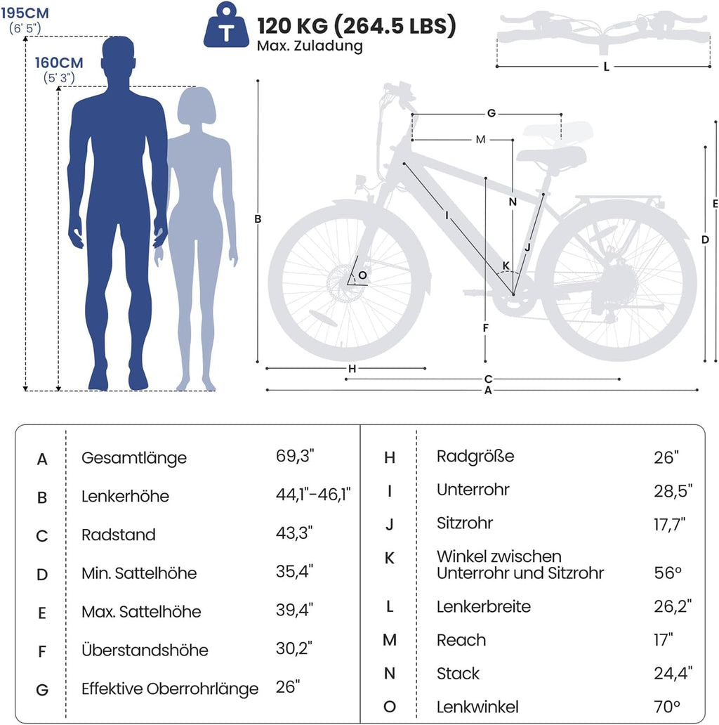Bicicleta eléctrica Touroll J1 ST/J2 de 26'', bicicleta de trekking eléctrica para hombre y mujer con batería de 561,6 Wh, 100 km de autonomía, 250 W, bicicleta eléctrica con transmisión de 7 velocidades, pedelec, bicicleta urbana para adultos