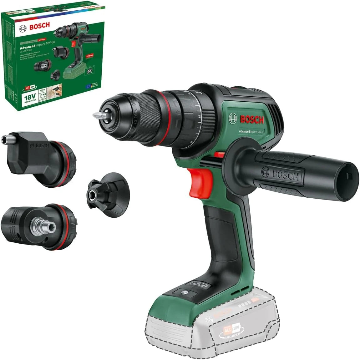 Bosch akumulatorowa udarowa wiertarko-wkrętarka AdvancedImpact 18V-80 QuickSnap (system 18V, silnik bezszczotkowy, 82 Nm, uchwyt wiertarski 13 mm, rękojeść dodatkowa, bez akumulatora)