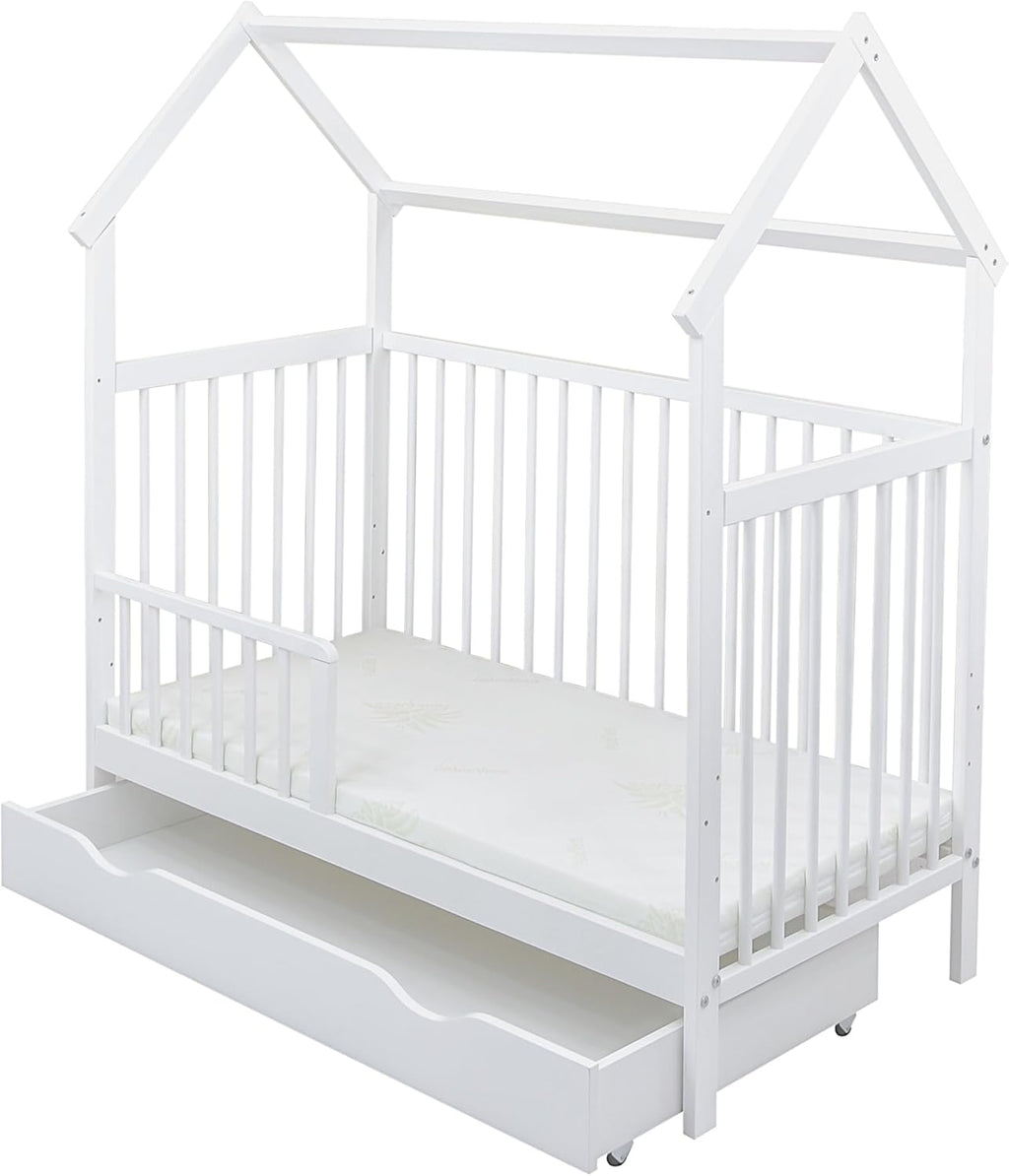 Set completo de cuna Baby Delux, cama casita de 60x120 cm, color blanco, con cajón, barrera anticaídas, colchón, ropa de cama y set de decoración (Prince Stars)