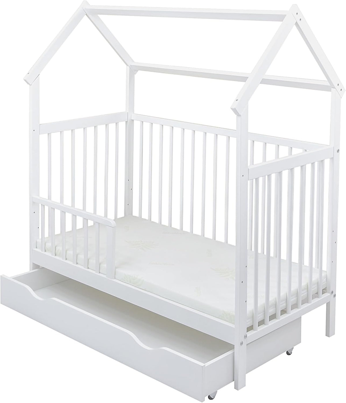 Set completo de cuna Baby Delux, cama casita de 60x120 cm, color blanco, con cajón, barrera anticaídas, colchón, ropa de cama y set de decoración (Prince Stars)