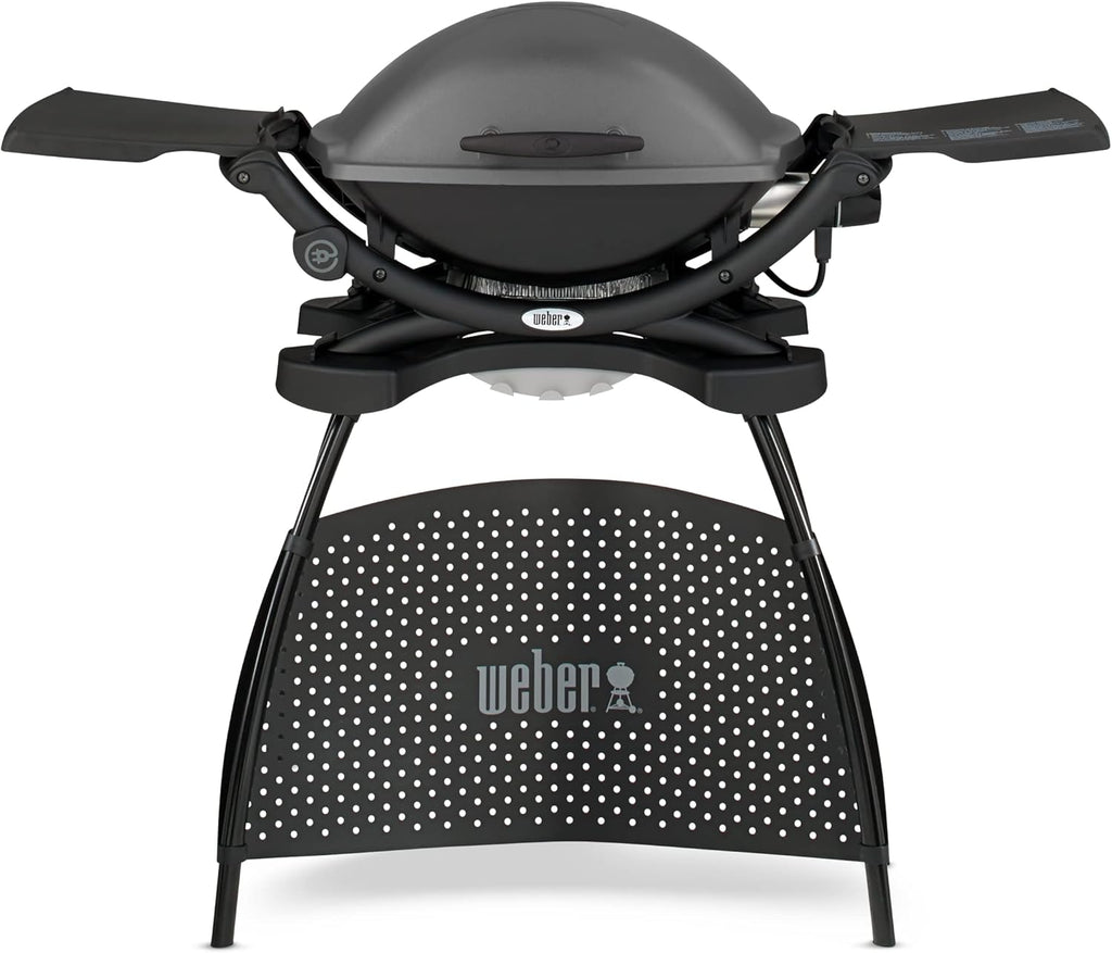 Barbacoa eléctrica Weber Q2400 con soporte y mesas laterales, superficie de cocción de 54 x 39 cm, portátil, parrilla de cocción de hierro fundido vitrificado dividida en 2 partes, tapa y cuerpo de aluminio fundido - Gris oscuro (55020879)