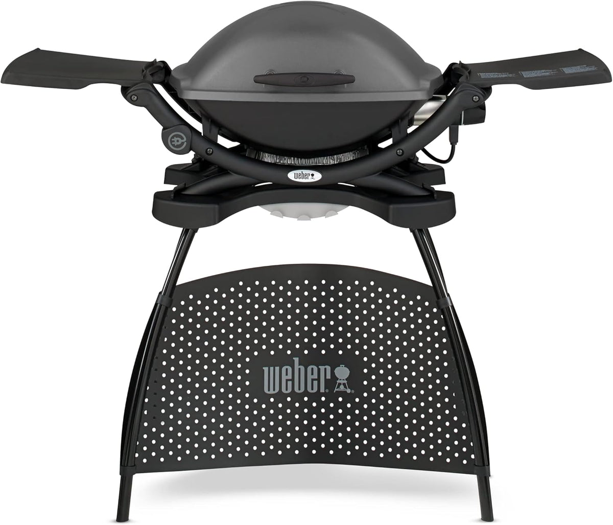 Barbacoa eléctrica Weber Q2400 con soporte y mesas laterales, superficie de cocción de 54 x 39 cm, portátil, parrilla de cocción de hierro fundido vitrificado dividida en 2 partes, tapa y cuerpo de aluminio fundido - Gris oscuro (55020879)
