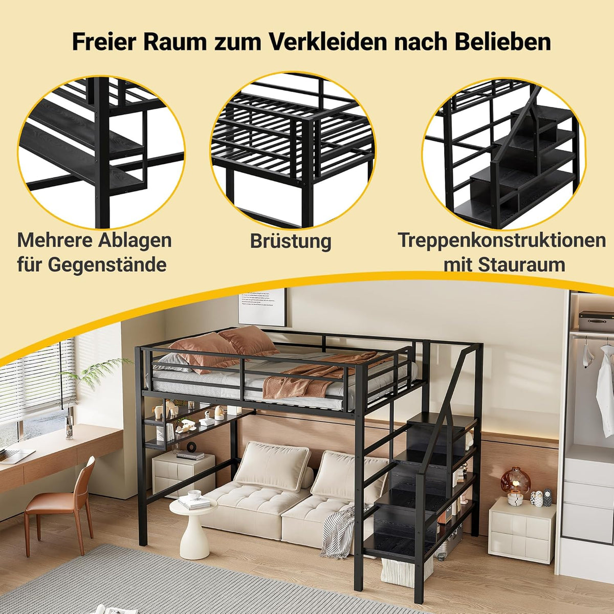 Cama alta, 140x200 cm, estantes, escalera con almacenamiento, espacio libre debajo de la cama para personalizar, barandilla, sin colchón, muebles negros, muebles de dormitorio, cama, estructura de cama y base WX00057