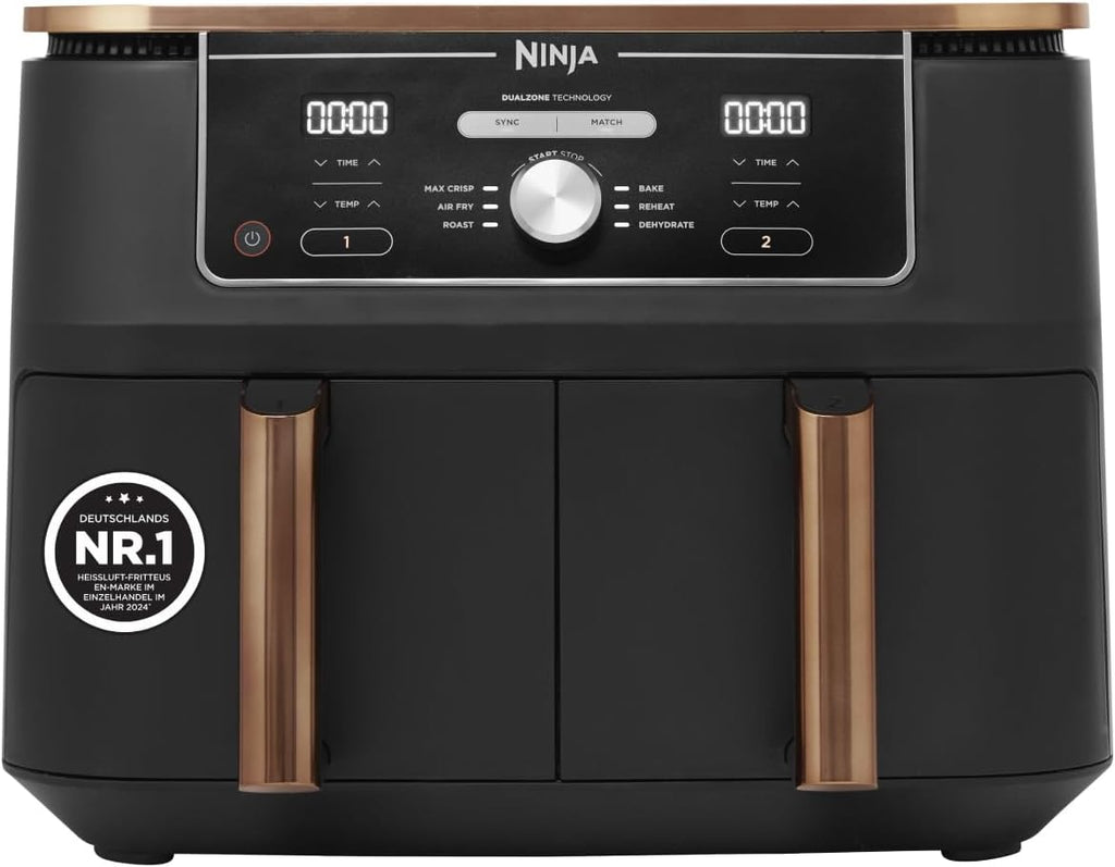 Freidora de aire Ninja Foodi MAX Dual Zone [AF400EUCP] exclusiva de Amazon, 2470 vatios, 9,5 L, 2 compartimentos de cocción, 6 funciones, 27 x 41,5 x 32,5 cm, cobre/negro