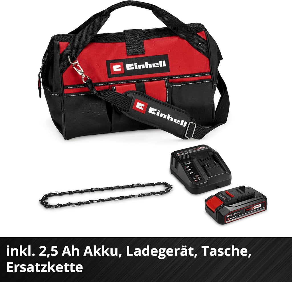 Einhell Sierra de poda a batería GE-PS 18/15 Li Bag Kit Power X-Change (18 V, motor sin escobillas, 12,5 cm de longitud de corte, incl. batería de 2,5 Ah, cargador, cadena de repuesto, bolsa Einhell 45/29)
