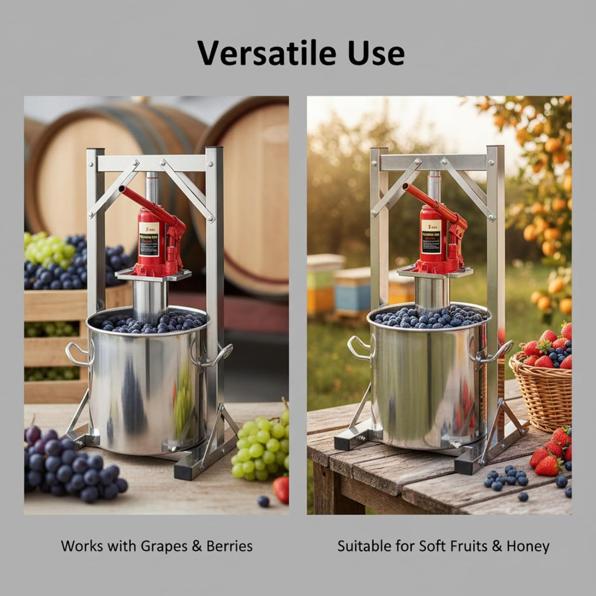 Prensa hidráulica para frutas de 12 L, prensa de acero inoxidable 304 con gato hidráulico de 3 T, exprimidor manual, cubo de filtro interior, prensa para vino, prensa para sidra, ideal para vino, mosto y zumos de frutas