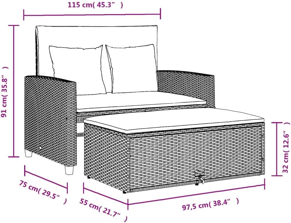 vidaXL Sofá de jardín con cojines, 2 plazas, sofá de exterior con taburete con almacenamiento, sofá con funda extraíble, muebles de jardín, conjunto de jardín, ratán sintético negro