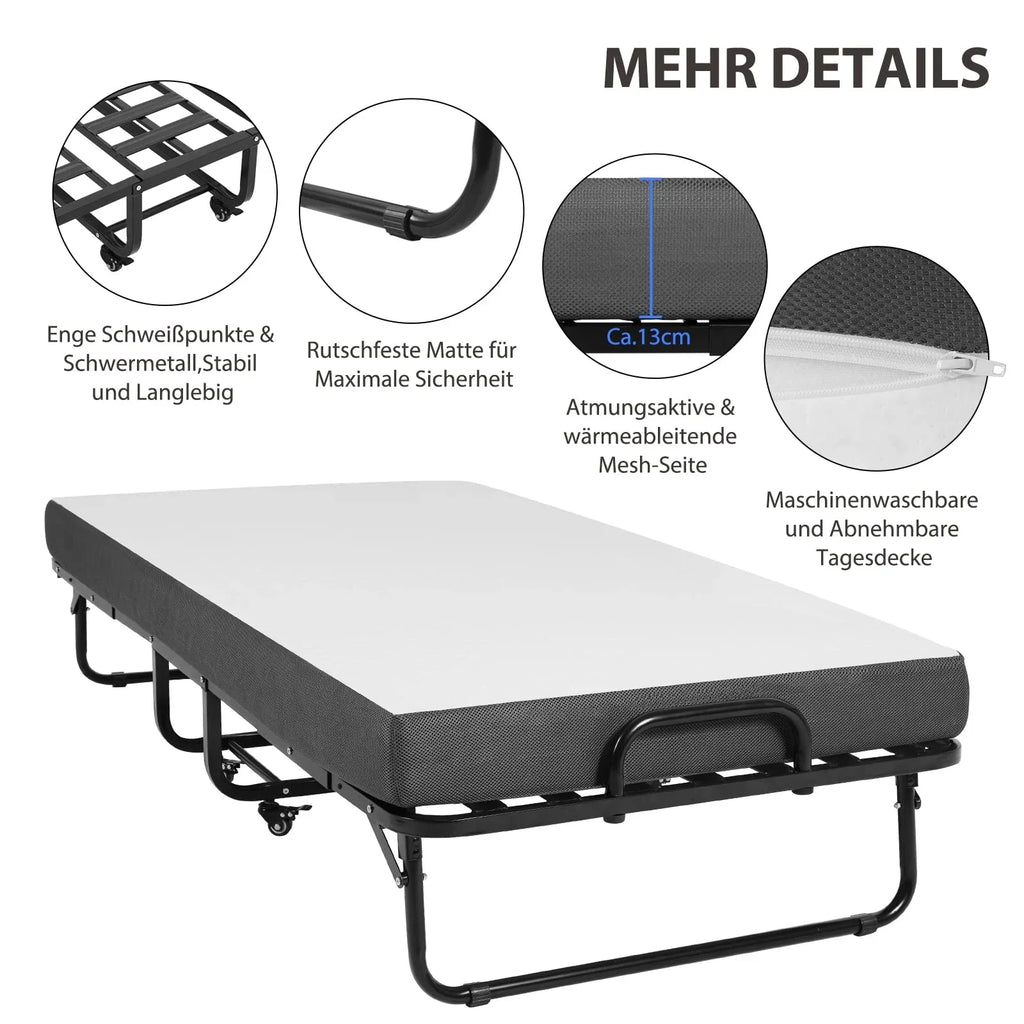 Cama plegable DICTAC 90x200cm para adultos con colchón de espuma viscoelástica de 13cm, estructura metálica plegable con ruedas, capacidad de carga de 200kg