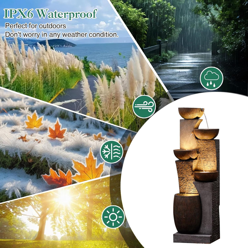 Fuente de jardín grande Bumilgar para exteriores con iluminación LED, fuente en cascada de 5 niveles para jardín, balcón, terraza, 134x46x37 cm