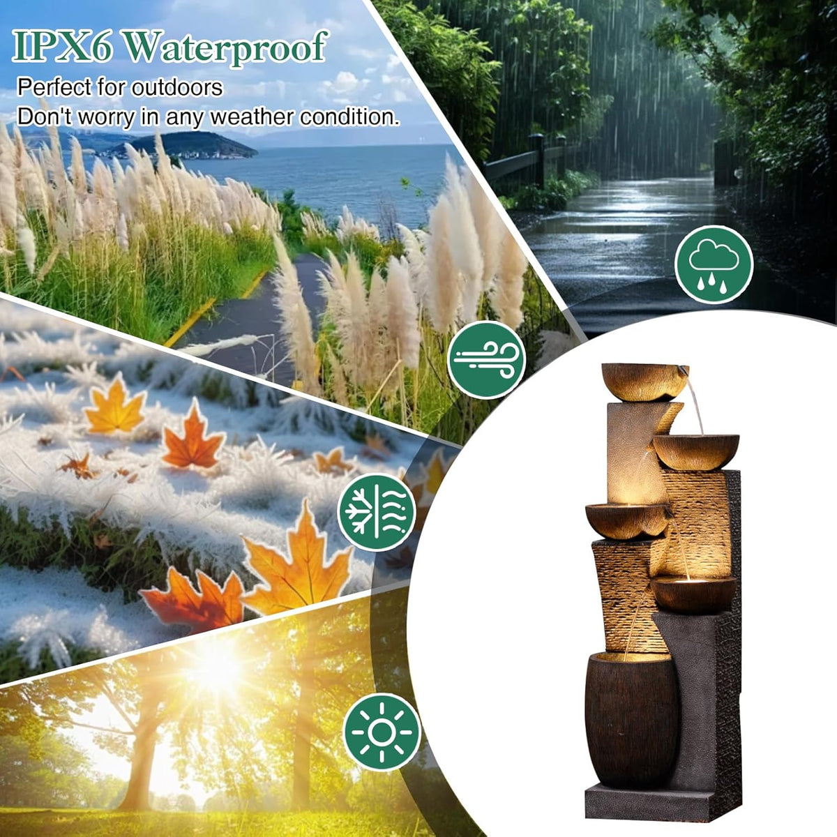 Fuente de jardín grande Bumilgar para exteriores con iluminación LED, fuente en cascada de 5 niveles para jardín, balcón, terraza, 134x46x37 cm