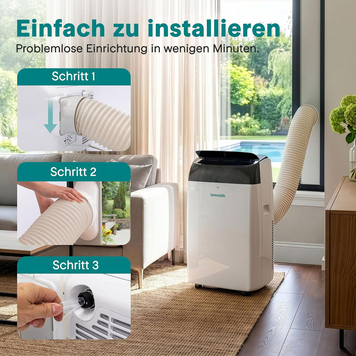 SereneLife Klimaanlage mit Abluftschlauch- Mobil, 14000 BTU WLAN, 3-in1- Kühlen Entfeuchten Venitlieren, Klimagerät mit Fensterkit, LED display, Leise und Schlafmodus, Timer und Rollen, bis 45m²