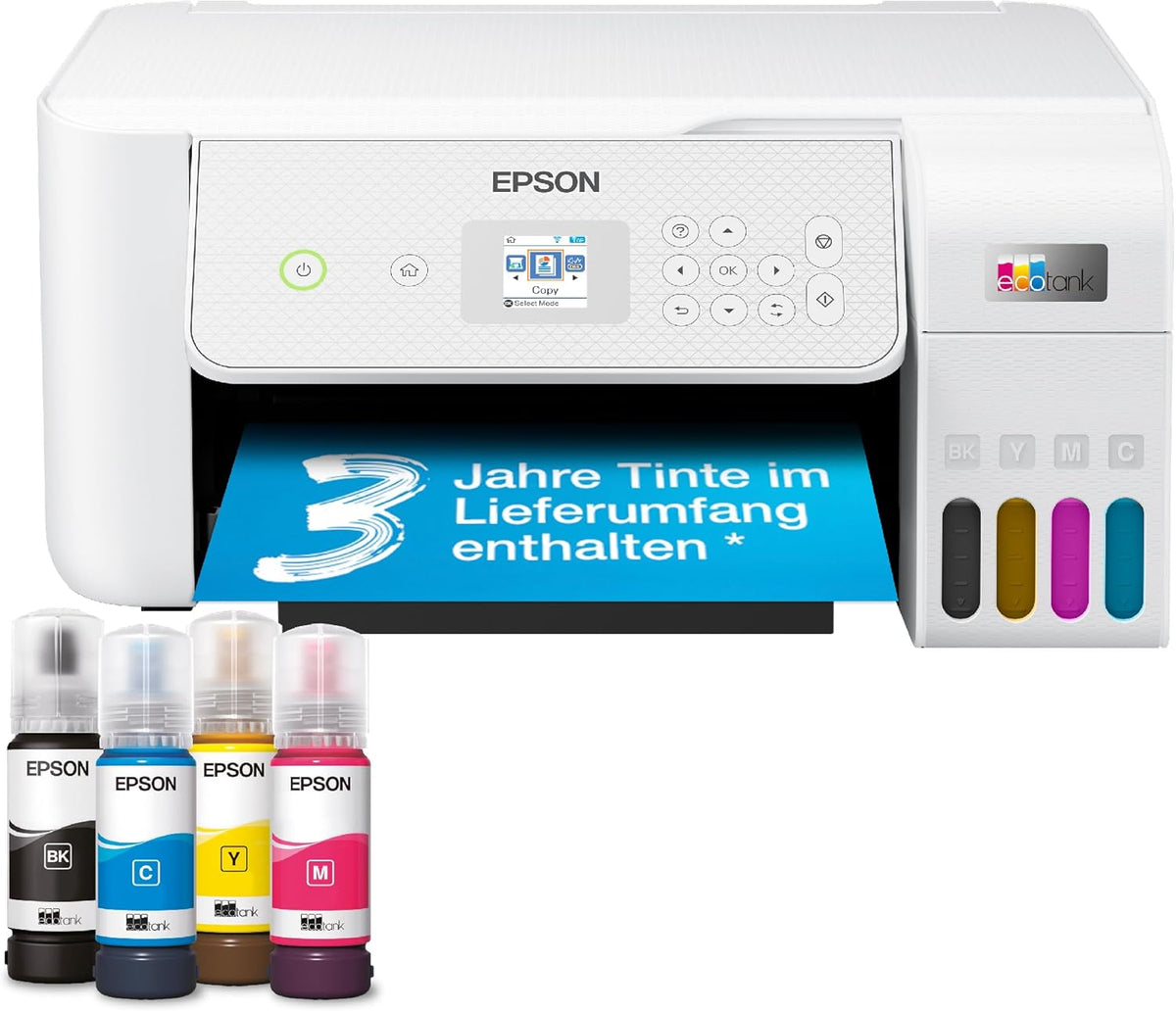 Impresora de depósitos de tinta EcoTank ET-2876 para hogares ajetreados, Wi-Fi, impresión, copia y escaneado en A4, pantalla LCD de 3,7 cm, incluye tinta para hasta 3 años